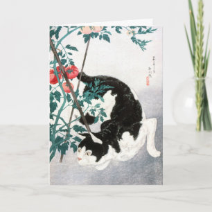 Carte Art japonais vintage Chat noir blanc Tomate