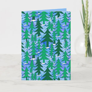 Carte Art Naïf Forêt de Sapins Hiver Vert Bleu