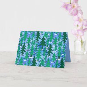 Carte Art Naïf Forêt de Sapins Hiver Vert Bleu