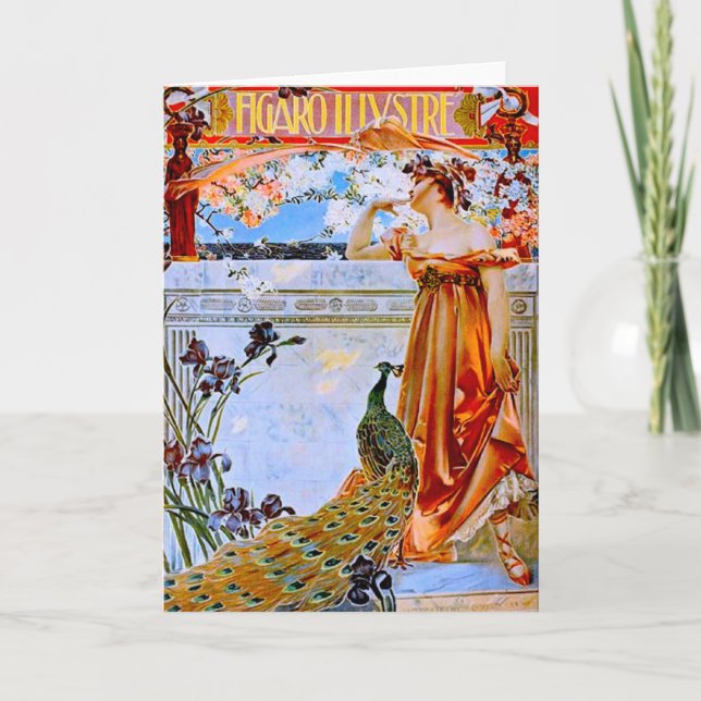 Carte Art Nouveau Femme et Peacock (Devant)