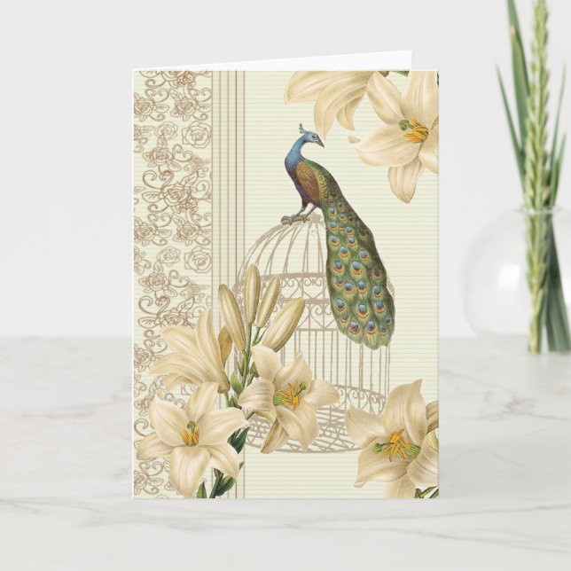 Carte art nouveau  french lily vintage birdcage peacock (Devant)