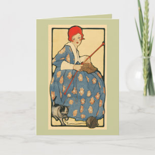 Carte Art Nouveau -tricot de fille avec son chat