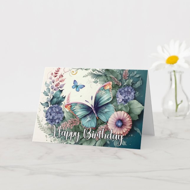 Carte Art papillon élégant Joyeux anniversaire (Petite plante)