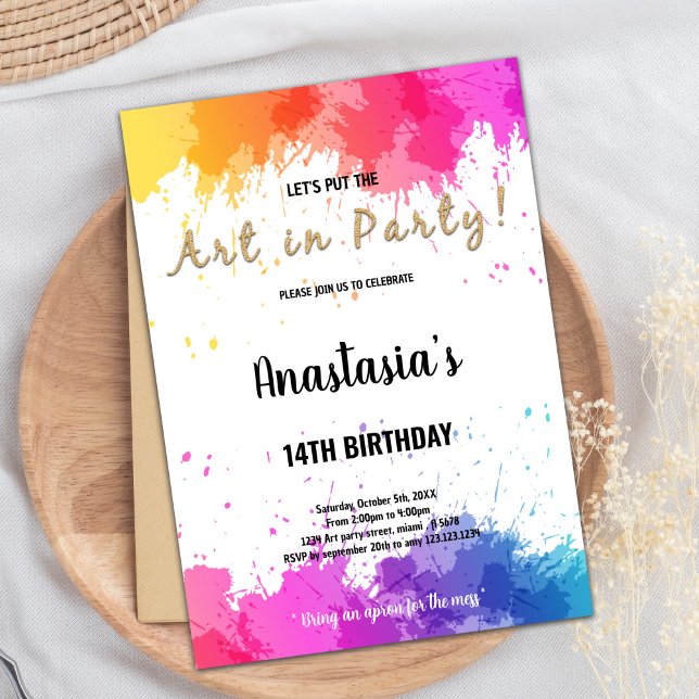 Carte Art Party Filles Editable avec Brush Splash (Pink Purple Paint Invitations)
