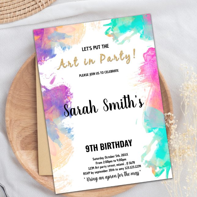 Carte Art Party pour enfants modifiable avec desig (Purple Paint Birthday Invitations)
