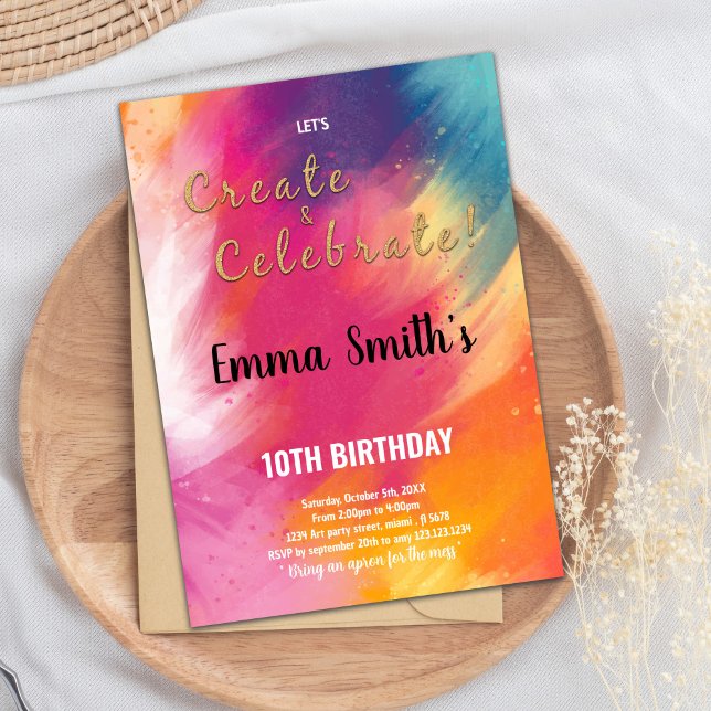 Carte Art Party pour enfants modifiable avec rainb (Paint Birthday Invitations)