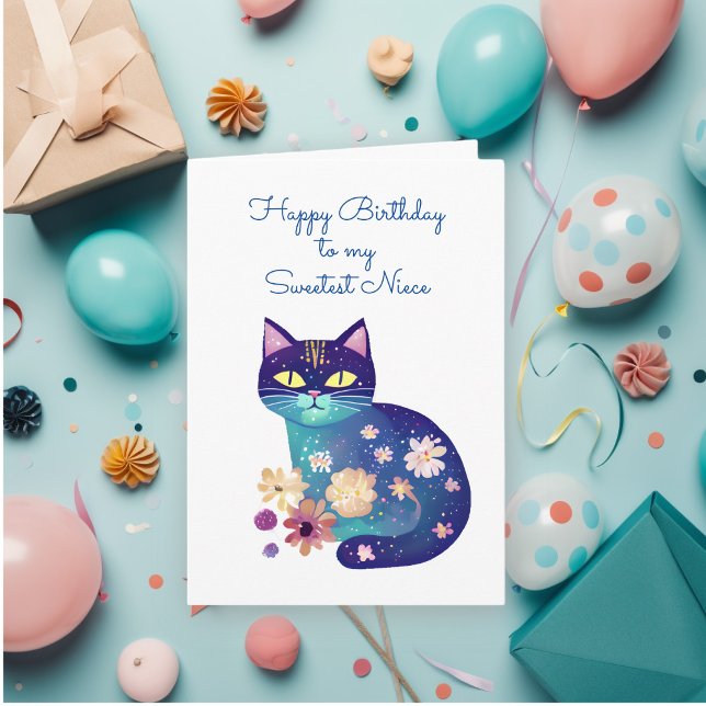 Carte Art populaire Chat et fleurs Anniversaire de la ni (Créateur téléchargé)
