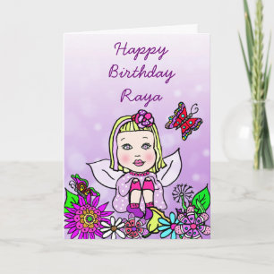 Carte Art populaire fantaisiste Fée fille Joyeux anniver