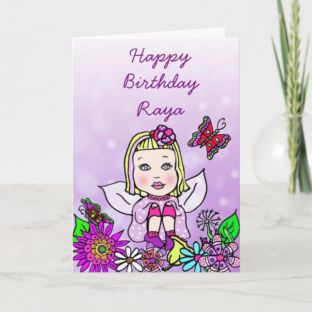 Carte Art populaire fantaisiste Fée fille Joyeux anniver (Devant)