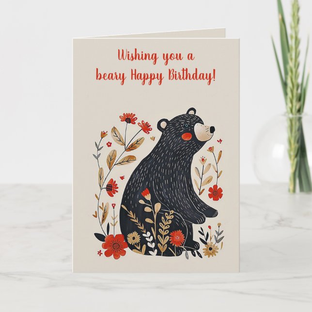 Carte Art populaire noir ours modifiable d'anniversaire (Devant)