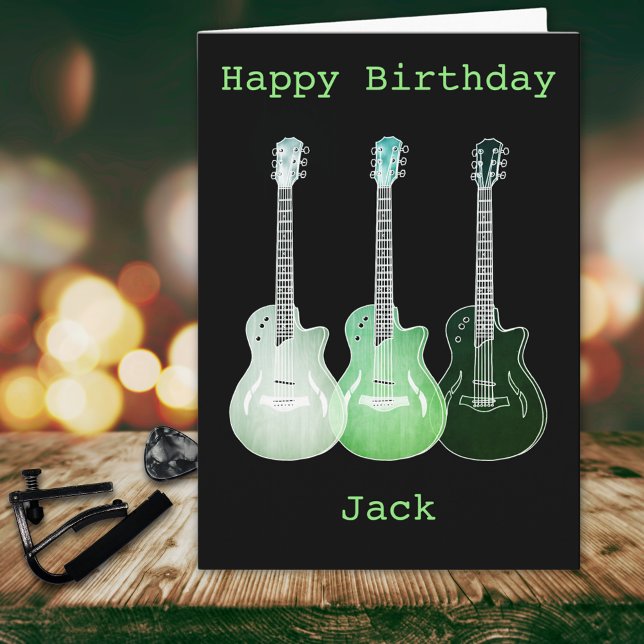 Carte Art psychédélique Musique Guitare Dessin Ajouter u (Funky guitar green pop art personalized name happy birthday greeting card for guitarist musicians)