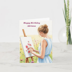 Carte Artiste femme Peinture Fleurs dans un champ Annive