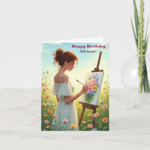 Carte Artiste femme Peinture Fleurs dans un champ Annive
