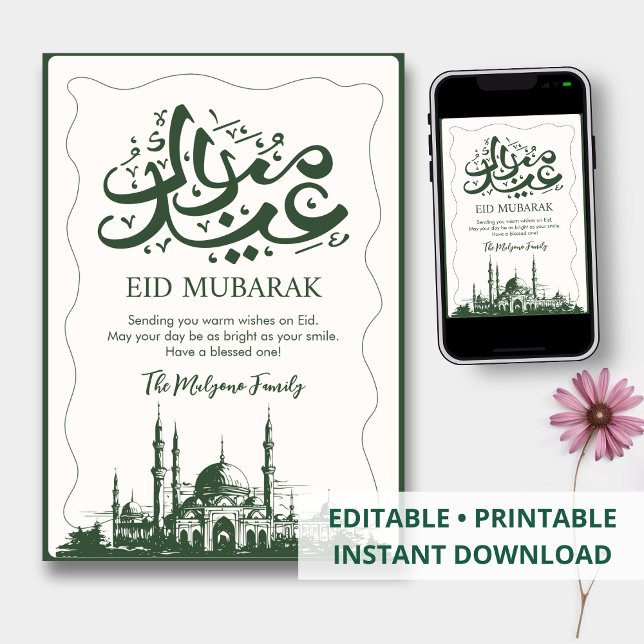 Carte artistique de Eid Mubarak avec mosquée vert  (Créateur téléchargé)