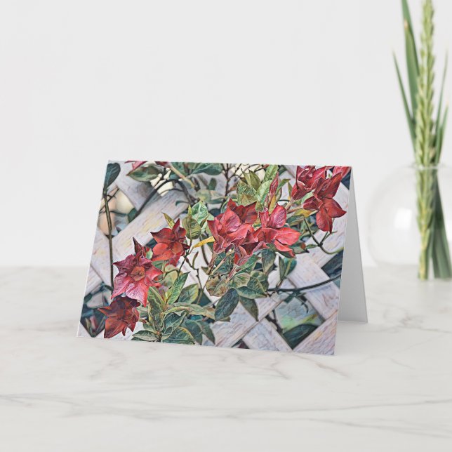 Carte Artsy Red Flowers sur la clôture Clematis Note Car (Devant)