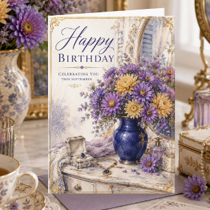 Carte Asters de septembre vintage Saphirs Joyeux Anniver