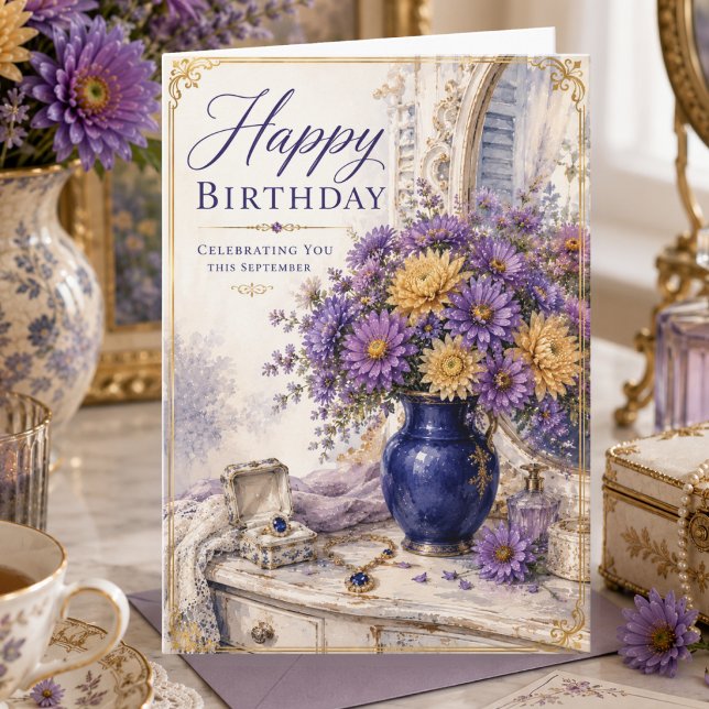 Carte Asters de septembre vintage Saphirs Joyeux Anniver (Créateur téléchargé)