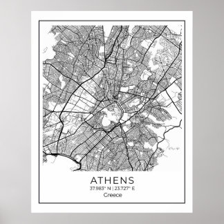 Carte Athènes - Athènes Carte Noir & Blanc Poster