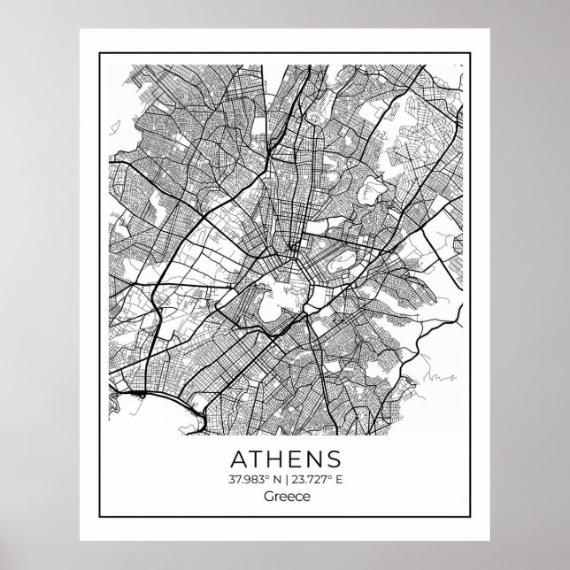 Carte Athènes - Athènes Carte Noir & Blanc Poster (Devant)