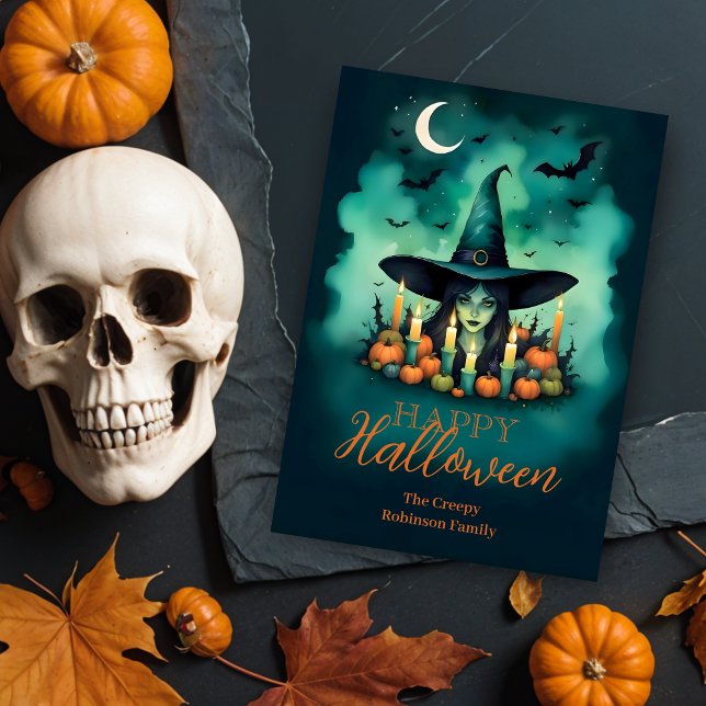 Carte Attractive & Mystical Halloween Witch Conjures (Attractive & Mystical Halloween Witch Conjures Enchanting Spells Amid Glowing Candles Cards.)