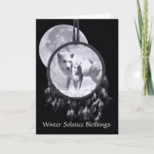Carte Attrape-rêve de Loup Blanc et de Hibou au Solstice (Devant)