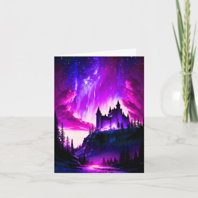 Carte Aurora boréale rose et violette sur une fée blanch (Devant)