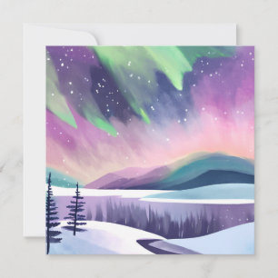 Carte Aurores Boréales Nuit d'Hiver Colorée Aquarelle