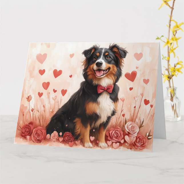 Carte Australian Shepherd avec des Roses - Saint-Valenti (Fleur jaune)
