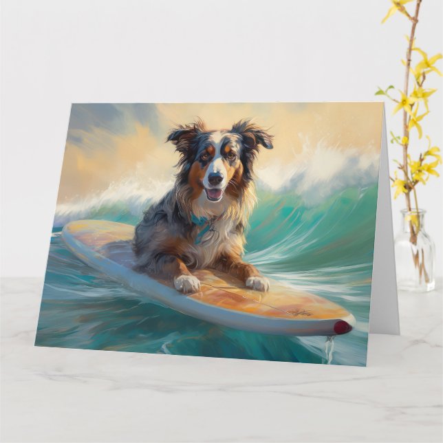 Carte Australian Shepherd Beach Surfing Peinture (Fleur jaune)