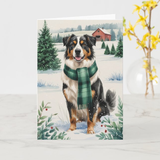 Carte Australian Shepherd Chien Noël Salutation (Fleur jaune)