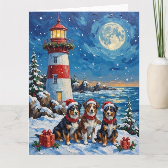 Carte Australian Shepherd Christmas Lighthouse Holiday (Devant)