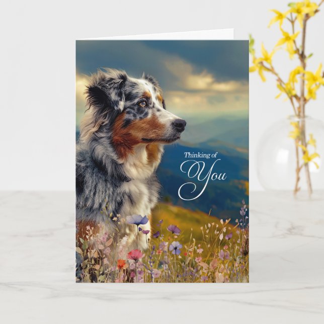 Carte Australian Shepherd Dog Mountains Thinking of You (Fleur jaune)