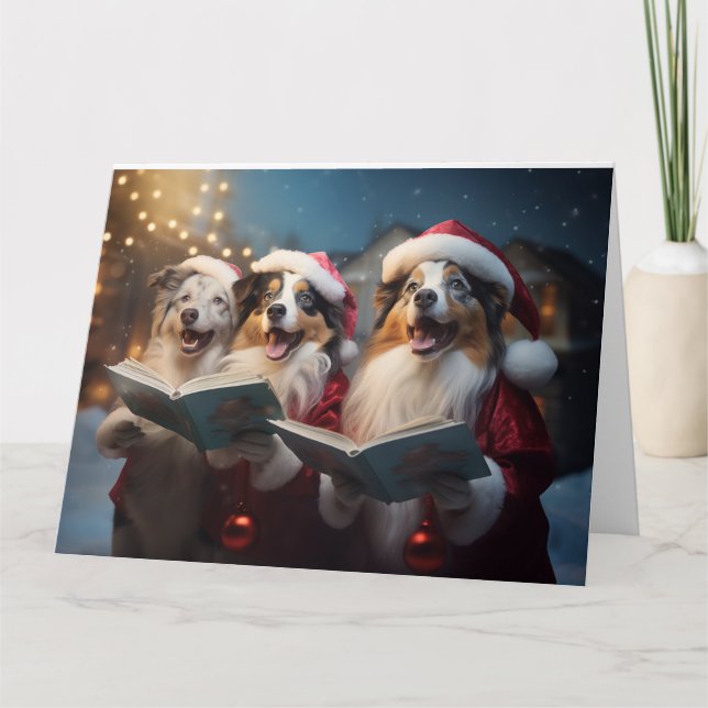 Carte Australian Shepherd Noël Carolers Fun Holiday (Devant)
