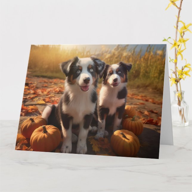 Carte Australian Shepherd Puppy Citrouille de plaisir d' (Fleur jaune)