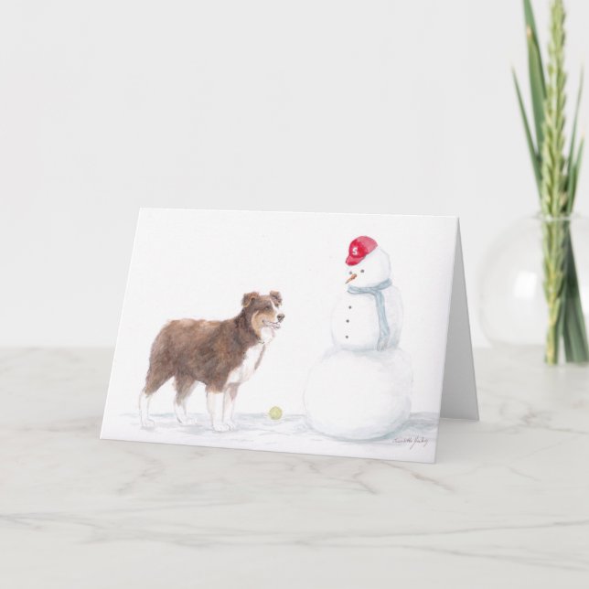 Carte Australian Shepherd & Snowman Dog Art Grey Car (Devant)