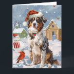Carte Australian Shepherd Winter Wonderland Noël<br><div class="desc">son design festif reflète l'esprit joyeux de la période des fêtes, avec un adorable petit portant un chapeau de Père Noël. Le chat est niché dans un pays des merveilles hivernales, avec un bonhomme de neige, un sapin de Noël décoré et des cadeaux joliment emballés. Les flocons de neige tombent...</div>
