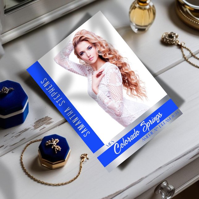 Carte Autographe Royal Shine pour les participants (Create your own custom photo pageant autograph card with the royal blue shine template for pageants)