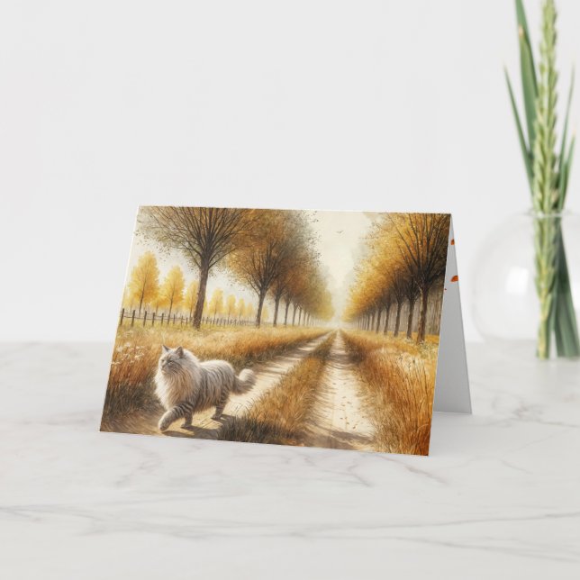 Carte Automne Anniversaire Chat Marcher Sur Dirt Road (Devant)