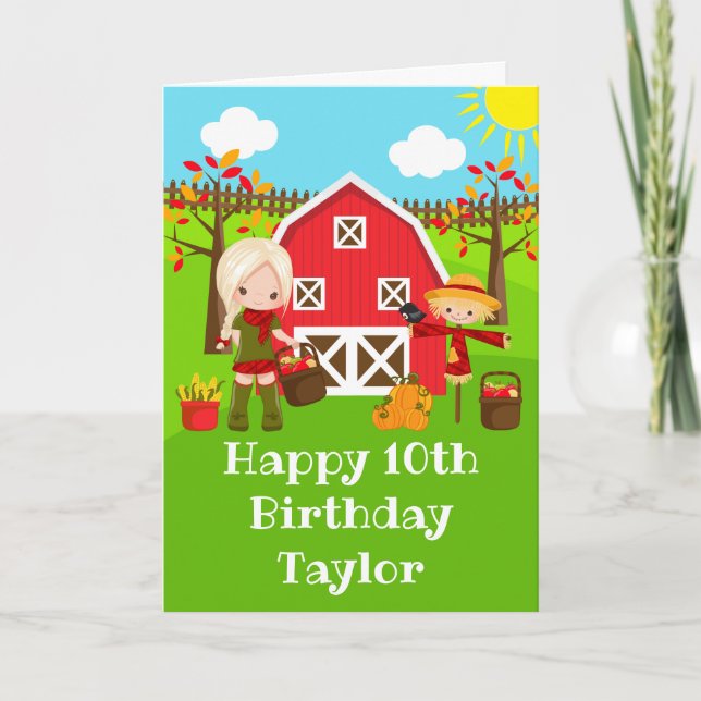 Carte Automne Barnyard Blonde Hair Girl Joyeux Anniversa (Devant)