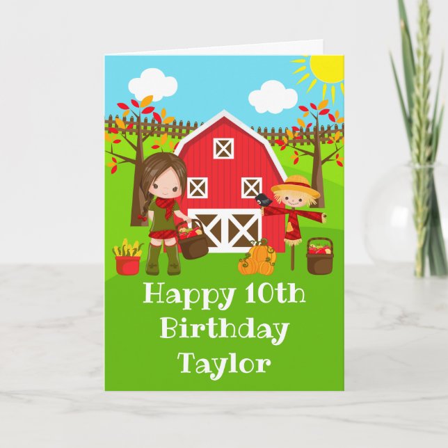 Carte Automne Barnyard Brown Hair Girl Joyeux anniversai (Devant)