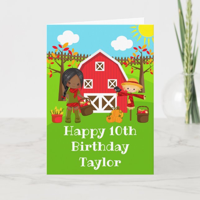 Carte Automne Barnyard Dark Skin Girl Joyeux Anniversair (Devant)