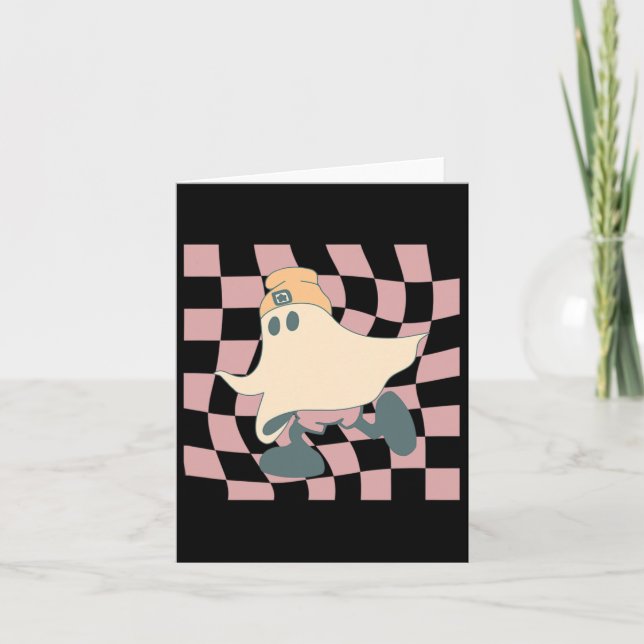Carte Automne Retro Checkerboard Halloween Ghost Beanie  (Devant)