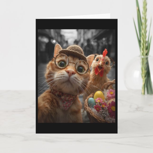 Carte Autoportrait de chat et de poulet Œufs de Pâques v (Devant)