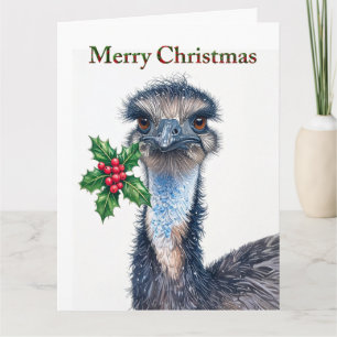 Carte Autruche festive de Noël avec houx et baies rouges