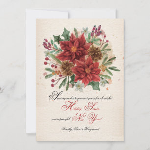 Carte aux poinsettias et pommes de pin aquarelles