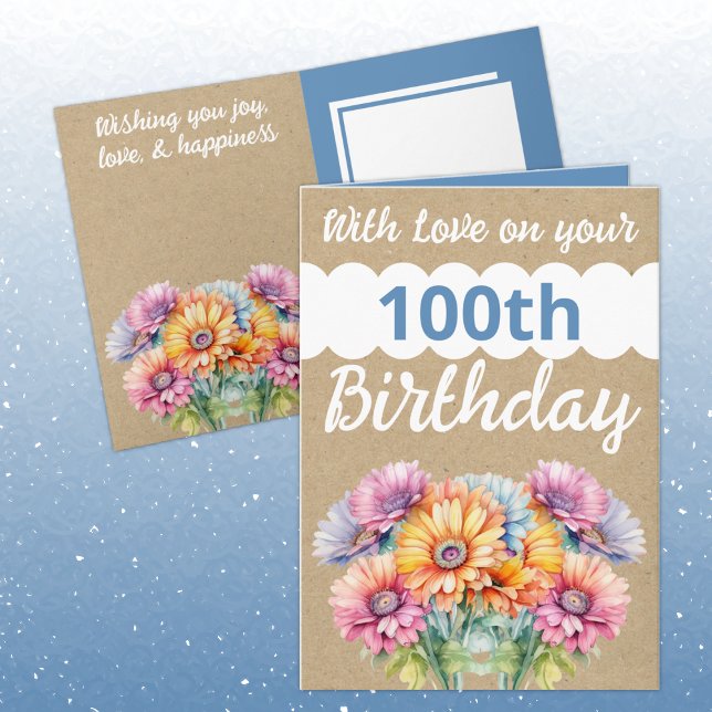 Carte Avec amour 100e anniversaire gerbera fleurs bleu (Créateur téléchargé)