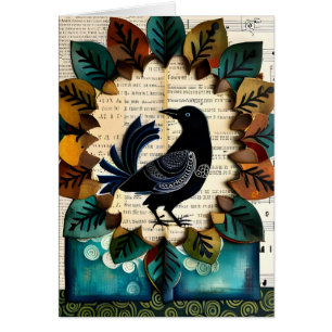 Carte avec Collage d'Oiseau Noir en Art Populaire 