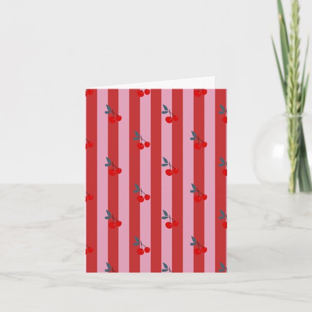 Carte avec motif rayé rouge et rose avec cerises  (Devant)