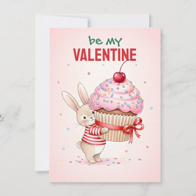 Carte avec un lapin mignon qui enlace un gâteau gé (Devant)