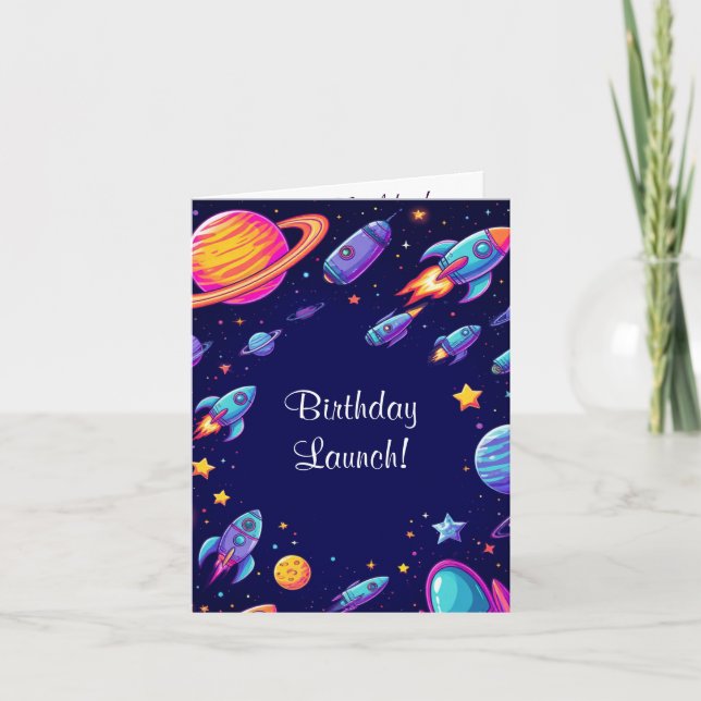 Carte Aventure d'anniversaire dans l'espace pour garçons (Devant)